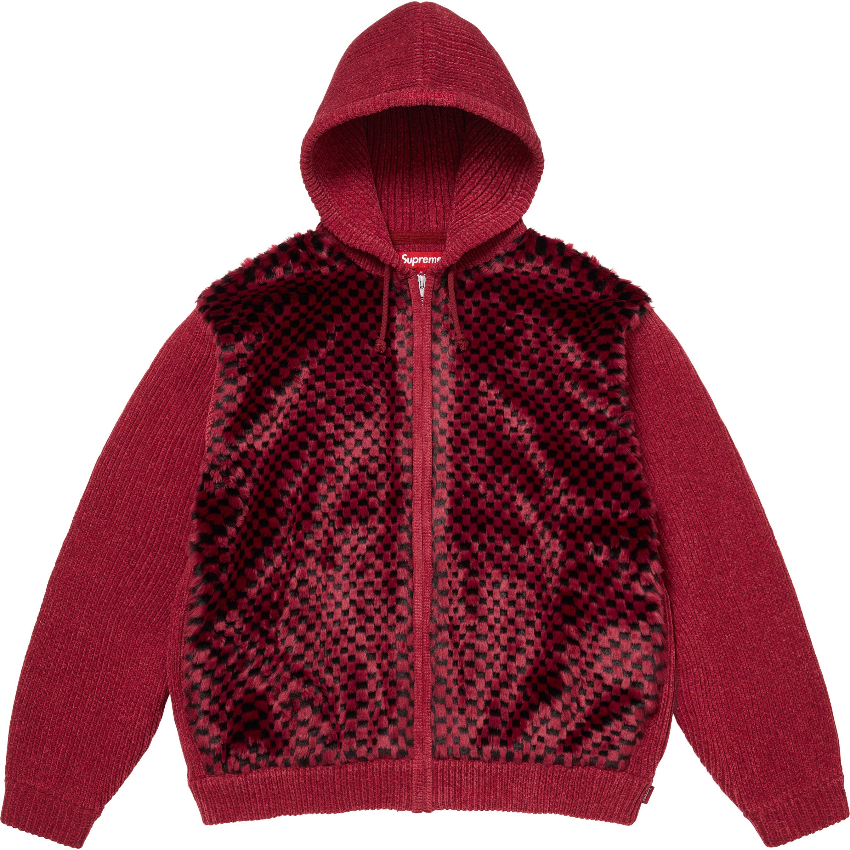 Checkerboard Faux Fur Zip Up Hooded Sweater
