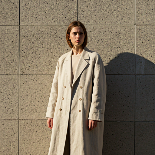 Editorial fashion photography of a model in a minimal beige linen coat